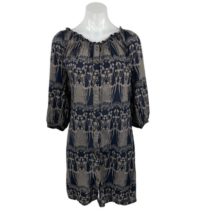 Banana Republic Black Peasant Floral Smocked Button Up Mini Shirt Dress Size S