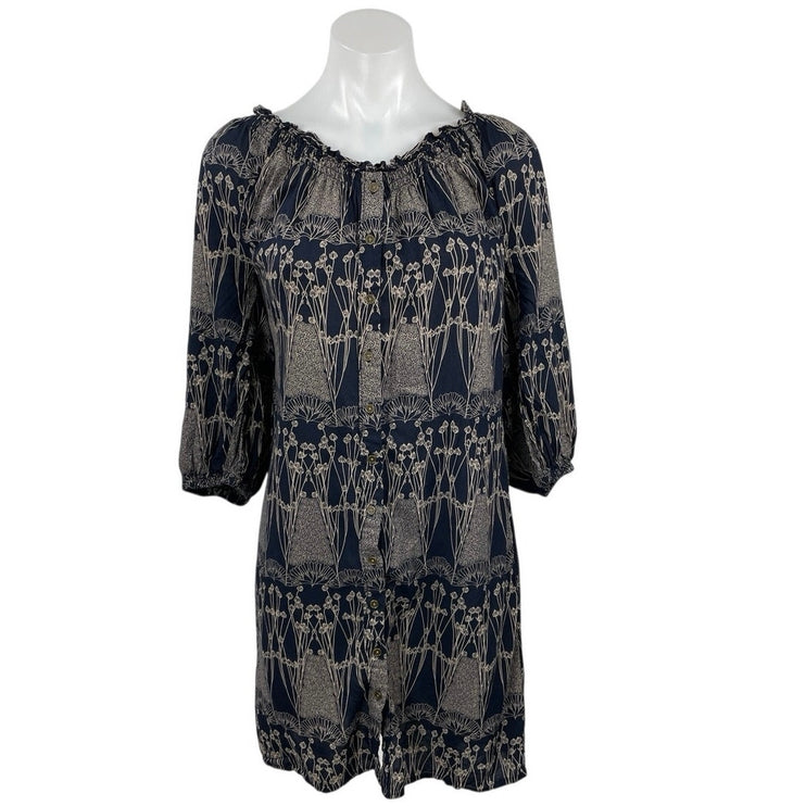 Banana Republic Black Peasant Floral Smocked Button Up Mini Shirt Dress Size S