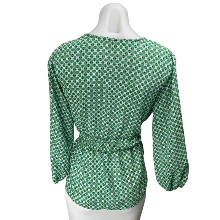 Max Studio Green Geometric Print Long Sleeve Belted Peplum Blouse Shirt Top XS