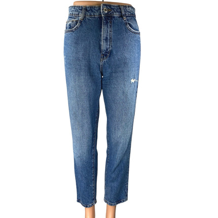 Zara Women's Blue Distressed High Waisted Straight Cropped Denim Jeans Size S