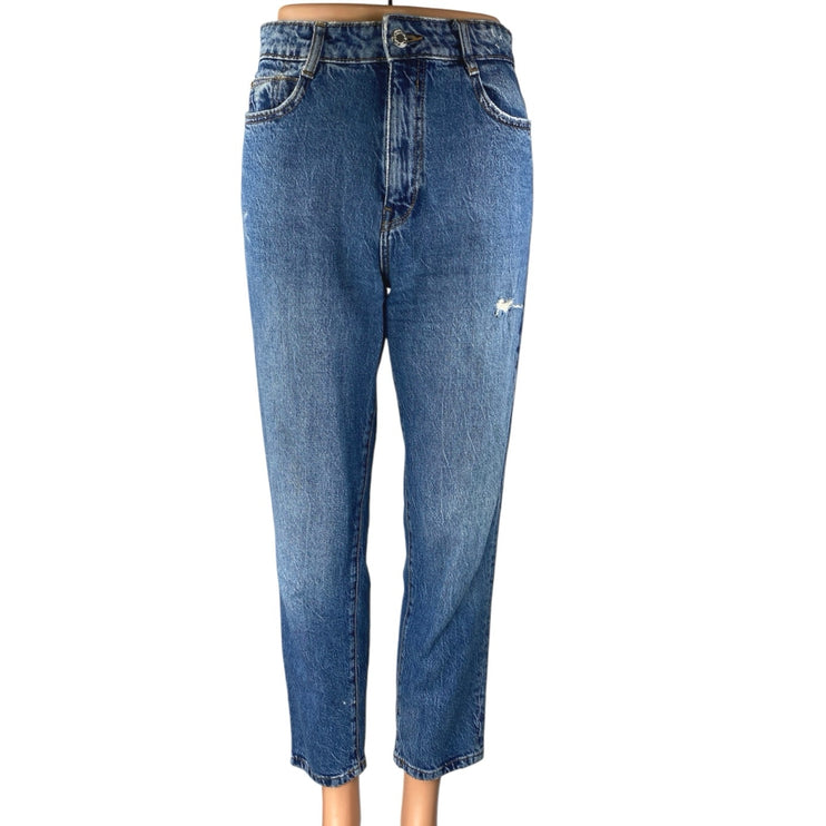Zara Women's Blue Distressed High Waisted Straight Cropped Denim Jeans Size S