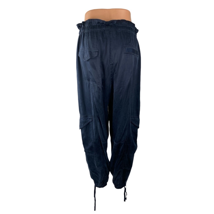 Ganni Blue Washed Twill Satin High Rise Paperbag Cargo Jogger Trousers Pants 42