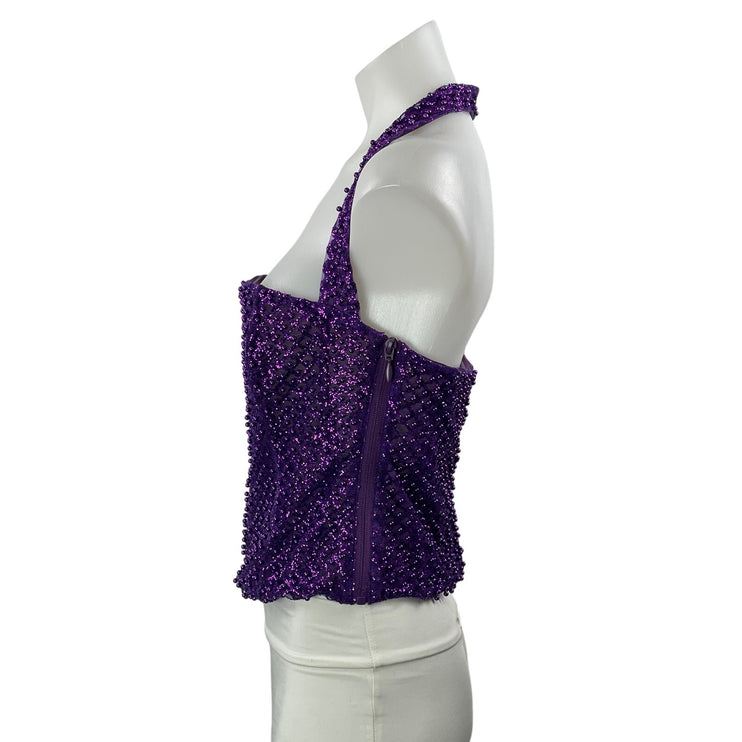 Oh Polly Purple Violet Halter Square Neck Rhinestone Open Back Crop Top Size 8