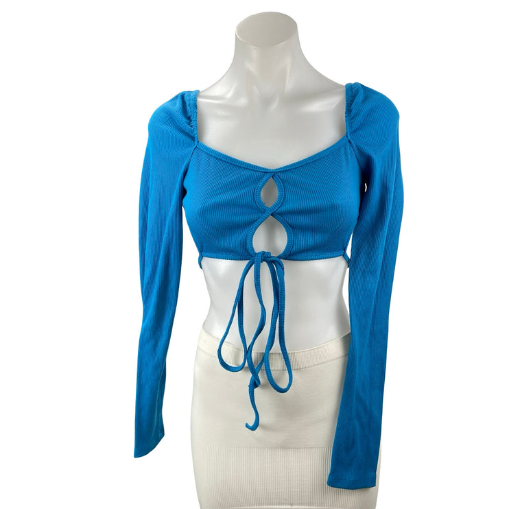 Princess Polly Blue Long Sleeve Cutout Keyhole Tie Ribbed Knit Crop Top Size 4