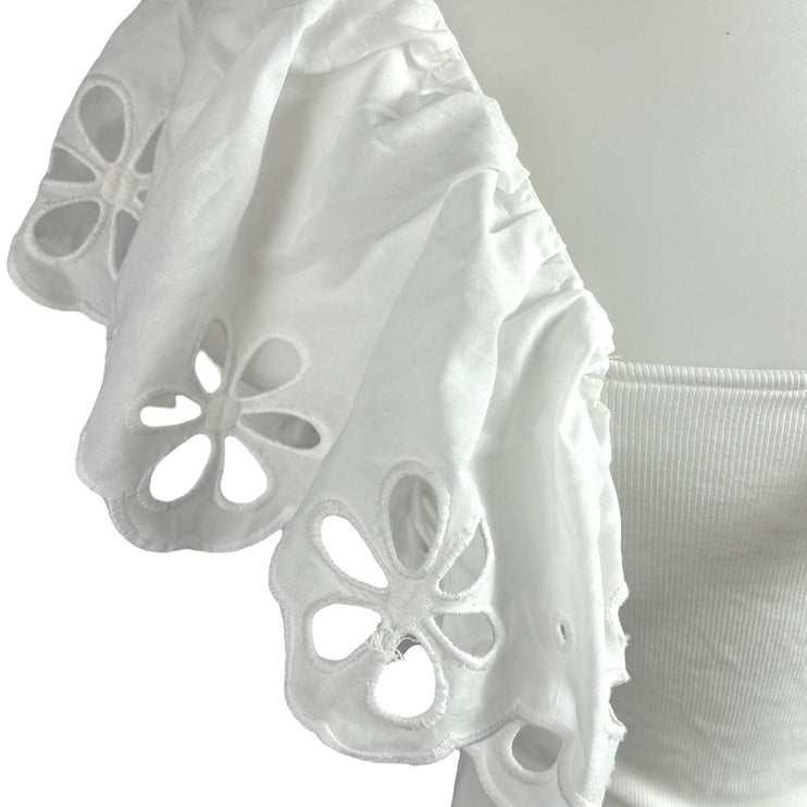 NEW H&M White Ribbed Knit Flutter Sleeve Floral Embroidered Blouse Top Size XL