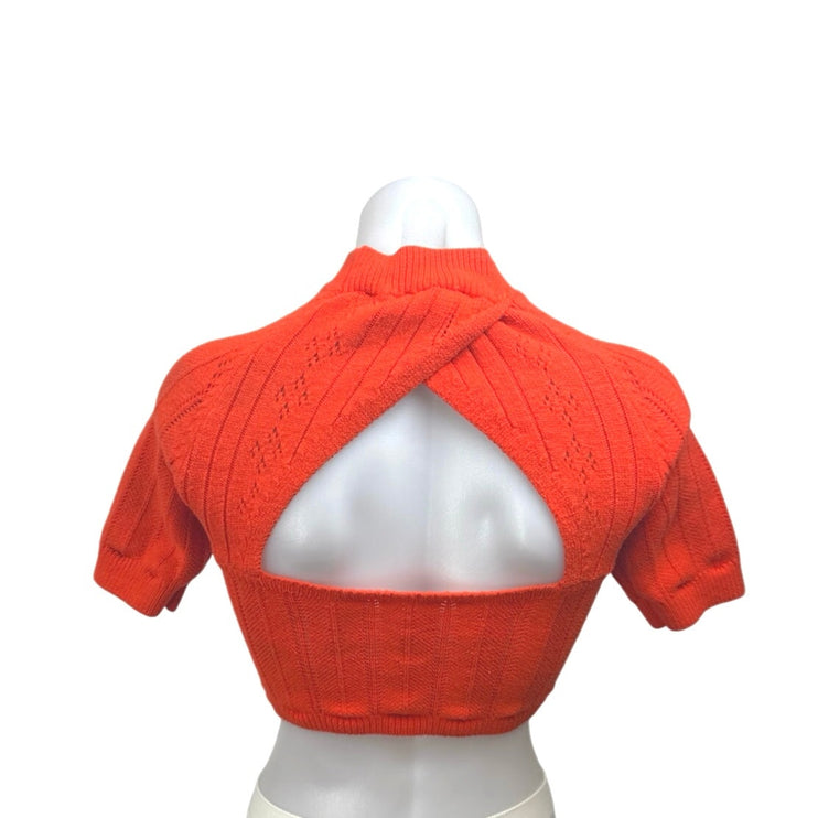 Free People Women's Orange Mock Neck Cutout Back Short Sleeve Crop Sweater Top S