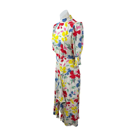 Rixo Multicolor Floral Half Sleeve Mock Neck Ruffle A Line Midi Dress Size 2