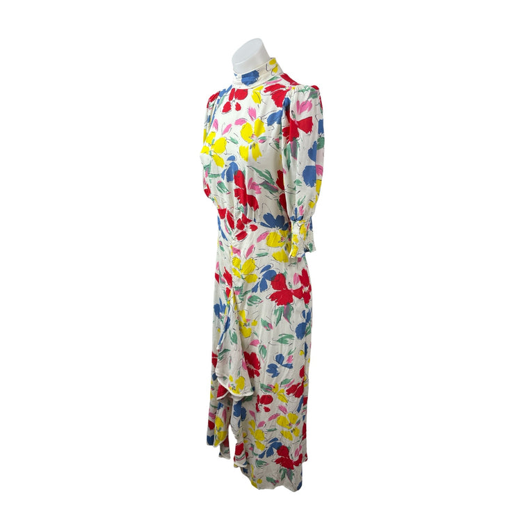 Rixo Multicolor Floral Half Sleeve Mock Neck Ruffle A Line Midi Dress Size 2
