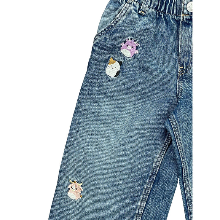 H&M Kids Girls Blue Character Embroidered Straight Wide Leg Denim Jeans Pants 5T