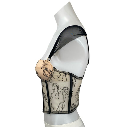 Women's Beige Black Mesh Corset Bustier Cap Sleeve Lady Stitch Crop Top Size S
