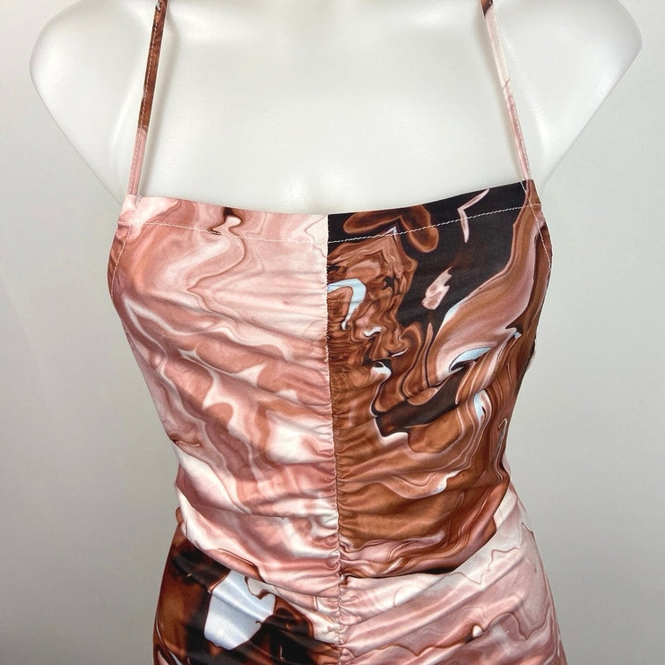 Shein Brown Marble Print Halter Neck Ruched Front Open Back Mini Party Dress 4