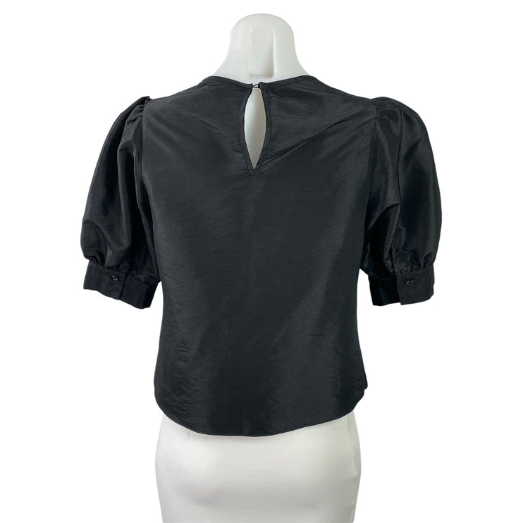 New Look Black Short Puff Sleeve Silk Satin Crew Neck Blouse Crop Top Size 4