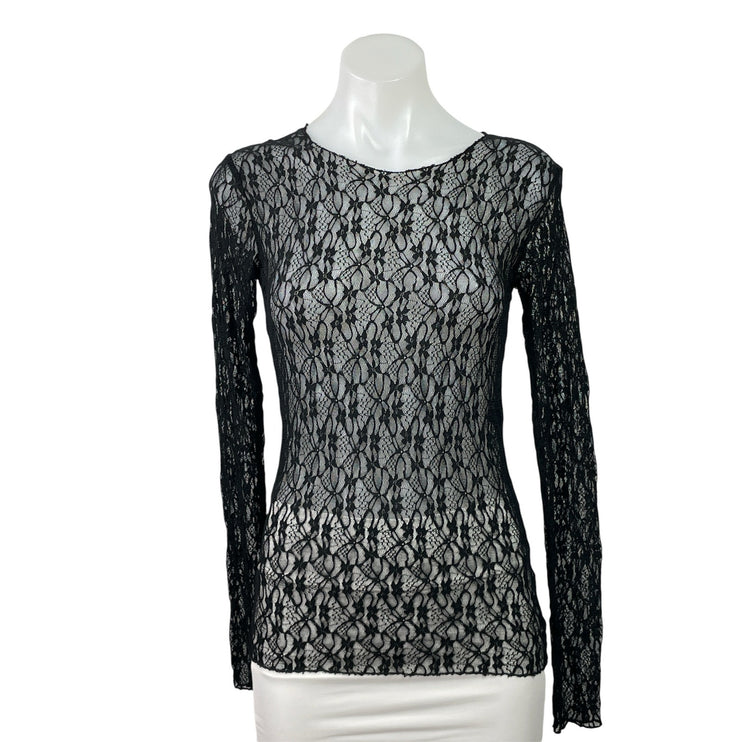 Zara Womens Black Floral Lace Sheer Long Sleeve Swim Beach Cover Up Blouse Top M