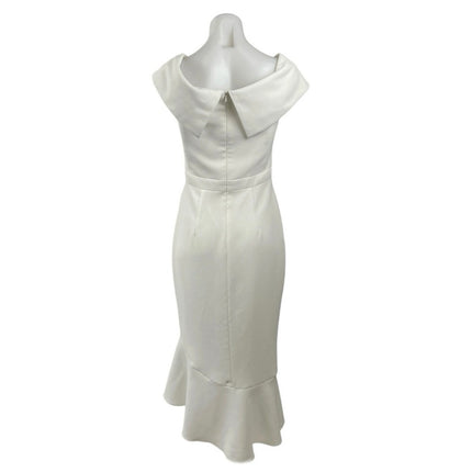 Xscape White Sleeveless Ruffle Slit V Neck Sheath Midi Evening Dress Size 4
