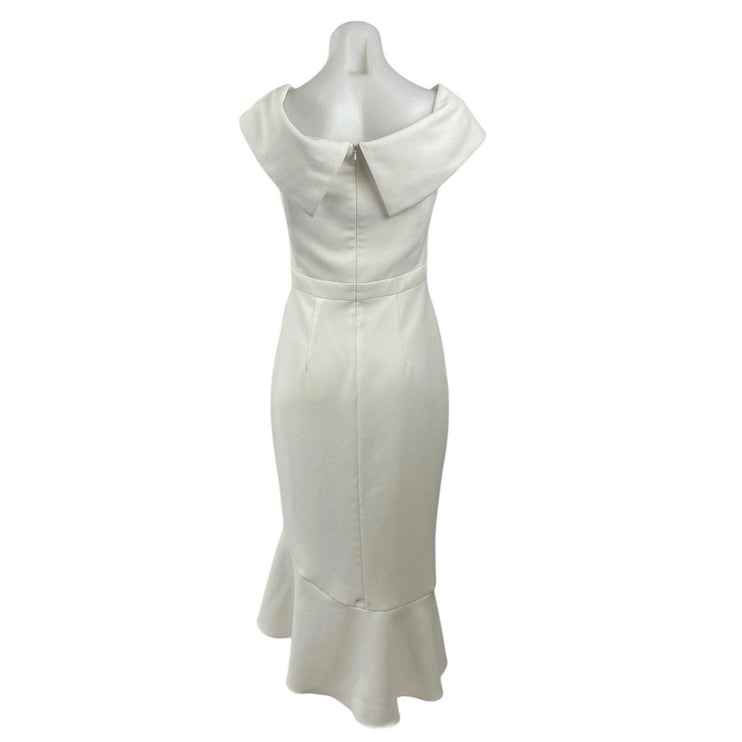 Xscape White Sleeveless Ruffle Slit V Neck Sheath Midi Evening Dress Size 4