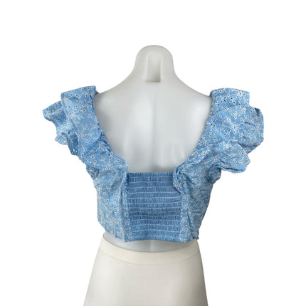 BCBGeneration Blue Ruffle Sleeve Embroidered Floral Eyelet Blouse Crop Top Sz M