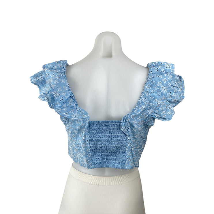 BCBGeneration Blue Ruffle Sleeve Embroidered Floral Eyelet Blouse Crop Top Sz M