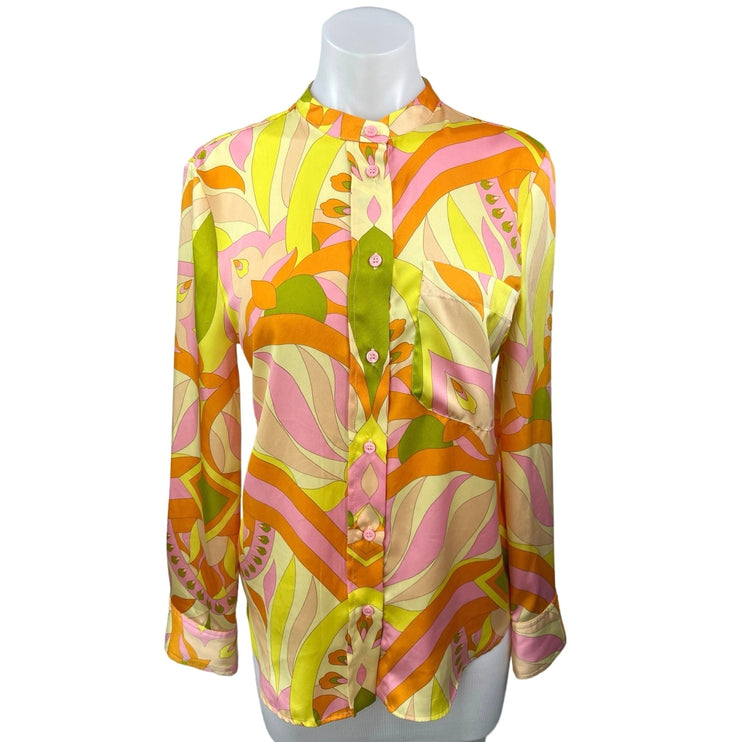 Zara Yellow Orange Silk Satin Abstract Long Sleeve Button Down Shirt Top Size S