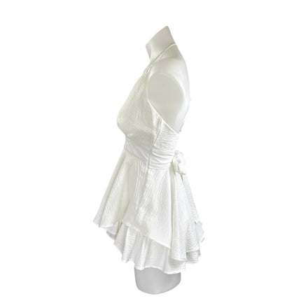 Lovesong White Sleeveless V Neck Tiered A Line Flare Tie Romper Shorts Size S