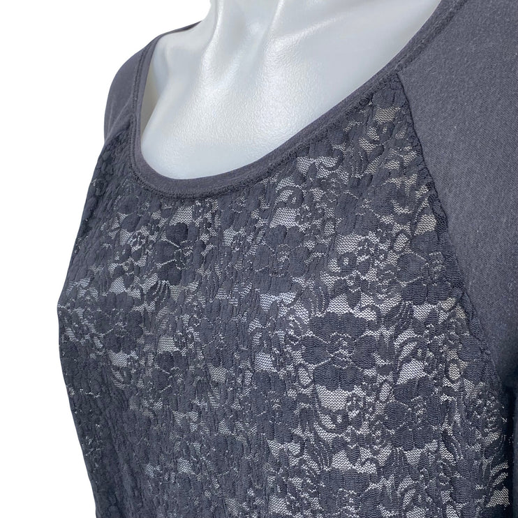 Victoria's Secret PINK Black Floral Lace Long Sleeve Scoop Neck Blouse Top Sz M
