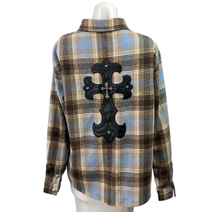 Chrome Hearts Brown Plaid Flannel Leather Cross Patch Button Down Shirt Top Sz L