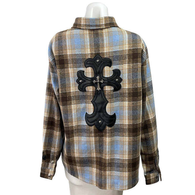 Chrome Hearts Brown Plaid Flannel Leather Cross Patch Button Down Shirt Top Sz L