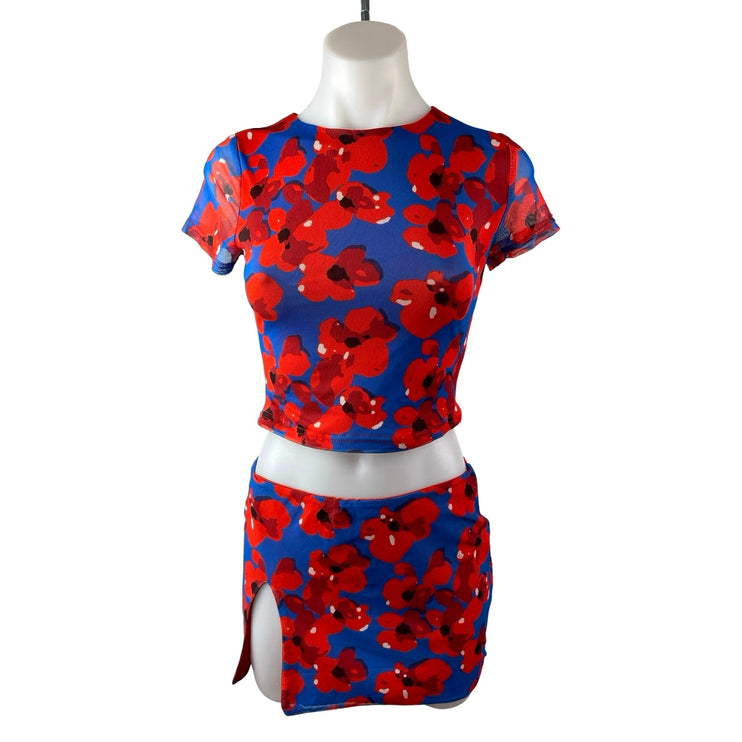 Princess Polly Blue Red Floral Short Sleeve Crop Top Slit Mini Skirt 2 Pc Set 4