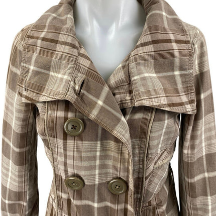 DKNY Brown Tan Plaid Checkered Double Breasted Long Sleeve Trench Coat Jacket M