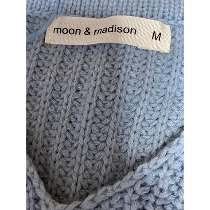 Moon & Madison Women's Blue Eyelet V-neck Long Balloon Sleeve Knit Sweater Top M