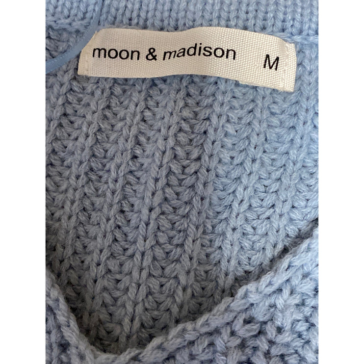 Moon & Madison Women's Blue Eyelet V-neck Long Balloon Sleeve Knit Sweater Top M