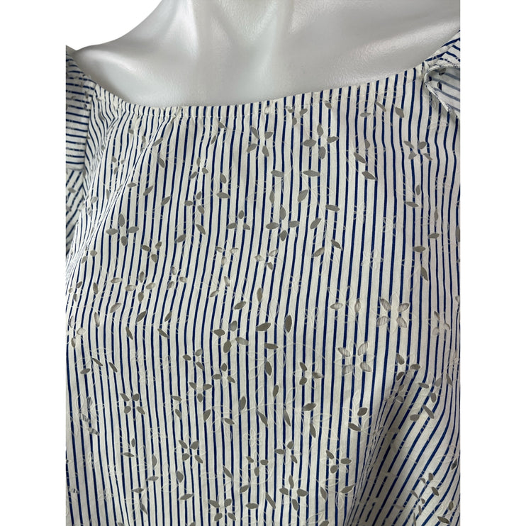 Zara Womens White Blue Striped Embroidered Eyelet Short Sleeve Blouse Top Size S