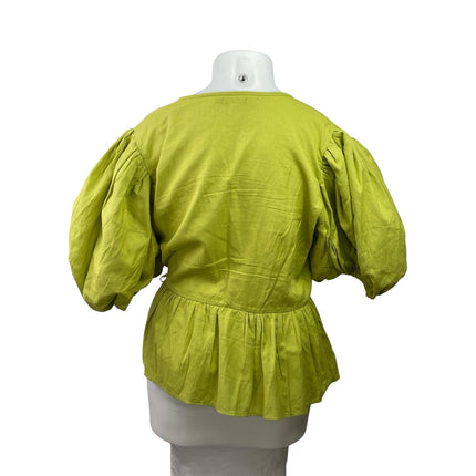 Boohoo Women's Green Short Balloon Sleeve V Neck Peplum Wrap Blouse Top Size 16