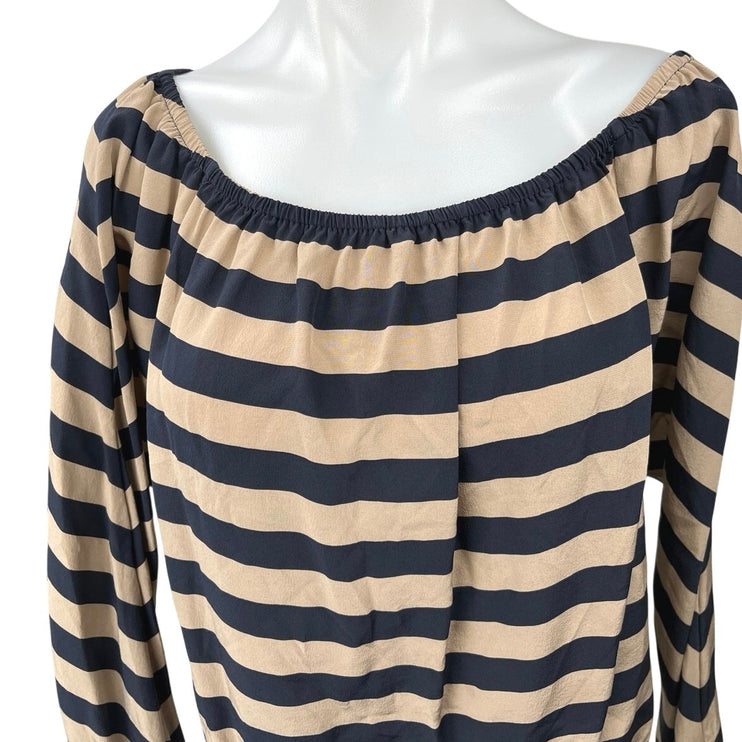 BCBGMAXAZRIA Black Tan Striped 100% Silk Boat Neck Long Sleeve Blouse Top Sz XS