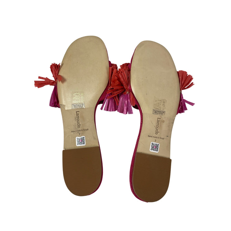 NEW Larroude Raffia Pink Orange Color Block Fringe Round Toe Flats Slides Sz 7
