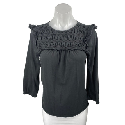 J.Crew Women's Black Smocked Ruffle Frill Long Sleeve Cotton Blouse Top Size S