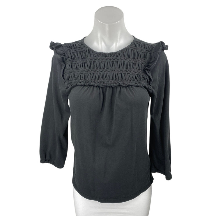 J.Crew Women's Black Smocked Ruffle Frill Long Sleeve Cotton Blouse Top Size S