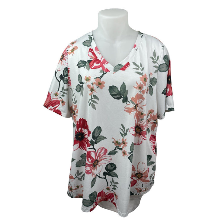 Bloomchic Women's White Floral V Neck Short Sleeve T Shirt Tee Blouse Top 22/24
