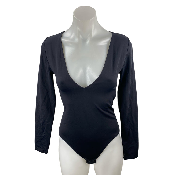 Aritzia Babaton Black Long Sleeve Plunge V Neck Thong Blouse Bodysuit Top Size M