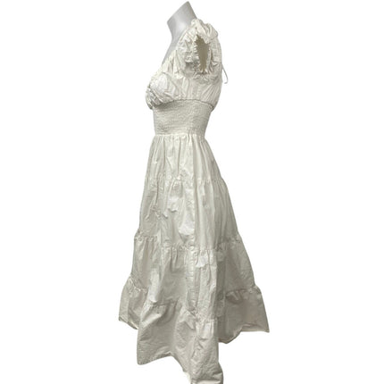 Danielle Bernstein White Smocked Short Puff Sleeve Tierred Midi A-line Dress S
