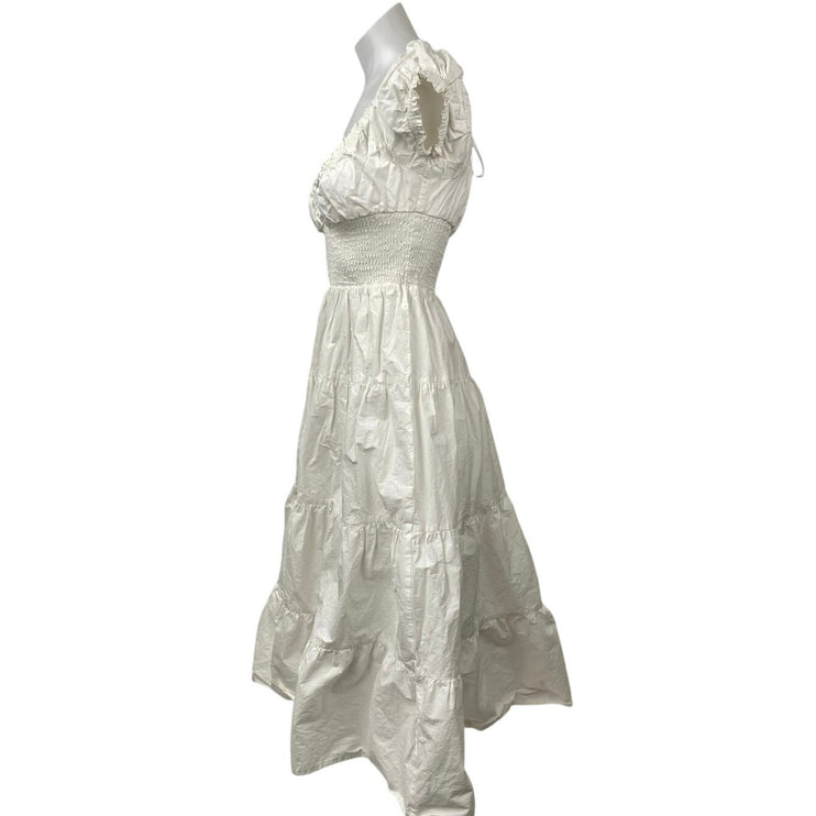 Danielle Bernstein White Smocked Short Puff Sleeve Tierred Midi A-line Dress S
