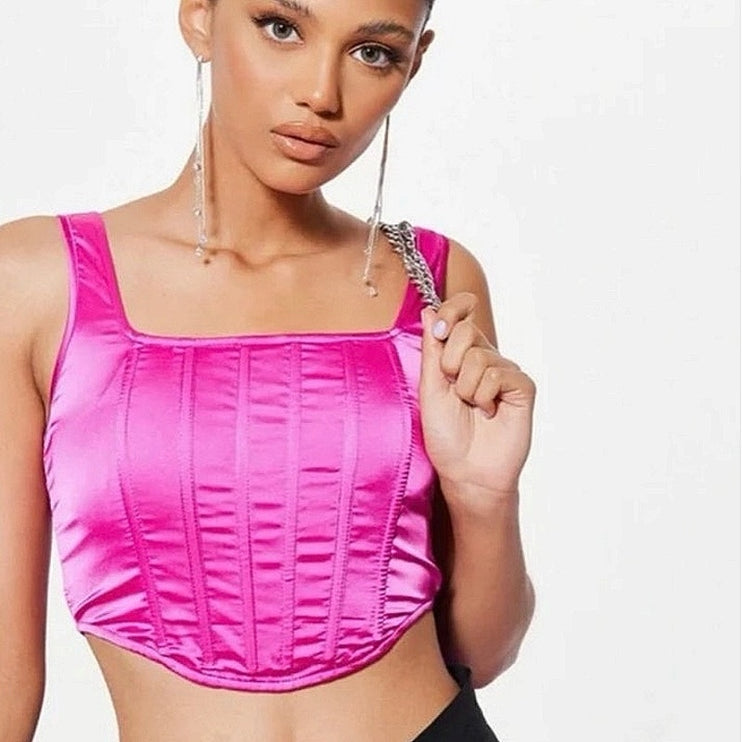 Missguided Pink Satin Square Neck Zip Up Strap Cropped Corset Tank Top Size 6