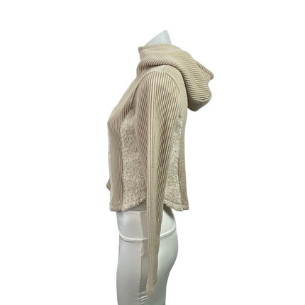 Cider Garden Womens Cream Long Sleeve Ribbed Knit Zip up Cropped Hooded Hoodie S