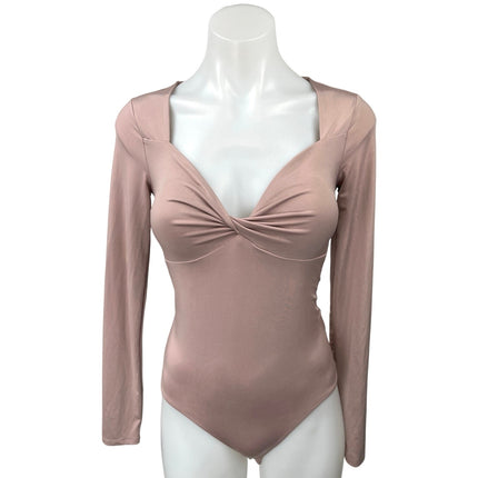 Express Pink Twist Front Sweetheart Neck Long Sleeve Thong Bodysuit Top Size S