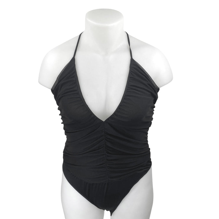 H&M Black Ruched Sleeveless Cross back Deep V-Neck One Piece Bikini Swimwear L