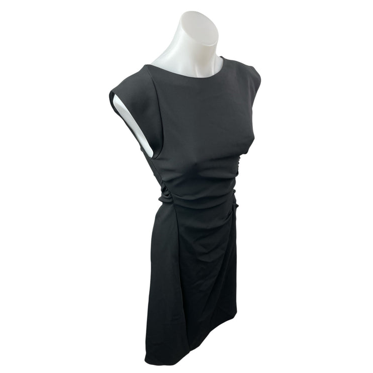 Zara Women's Black Side Ruched Boat Neck Cap Sleeve Slim Midi Sheath Dress Sz XS