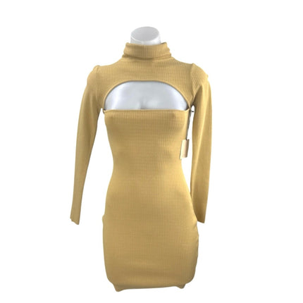 NEW Superdown Tasha Toast Beige Rib Knit Cutout Turtleneck Mini Bodycon Dress S