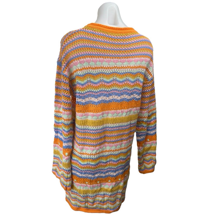 Women's Multicolor Striped Crochet Knit Long Sleeve Sweater Mini Dress Size L
