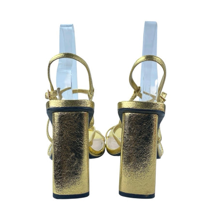 Zara Women's Gold Metallic Open Square Toe Sling Back Block High Heels Sandals 9