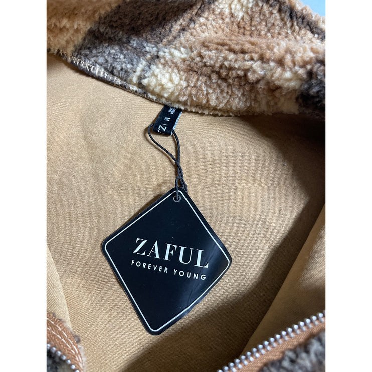Zaful Beige Plaid Faux Sherpa Fleece Turtleneck Half Zip Cropped Sweater Top M