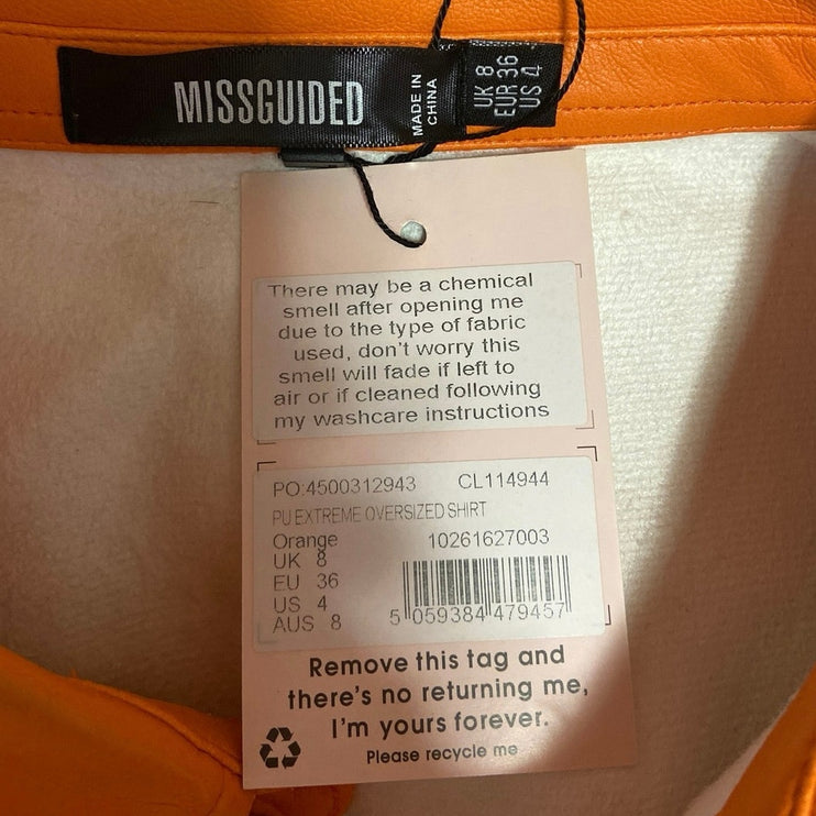 Missguided NWT Orange PU Faux Leather Extreme Button Down Oversized Shirt Size 4